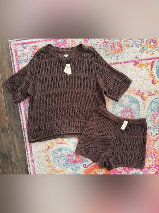 aerie Other - aerie Brown Crochet Knit Swim Coverup Top & Shorts Set